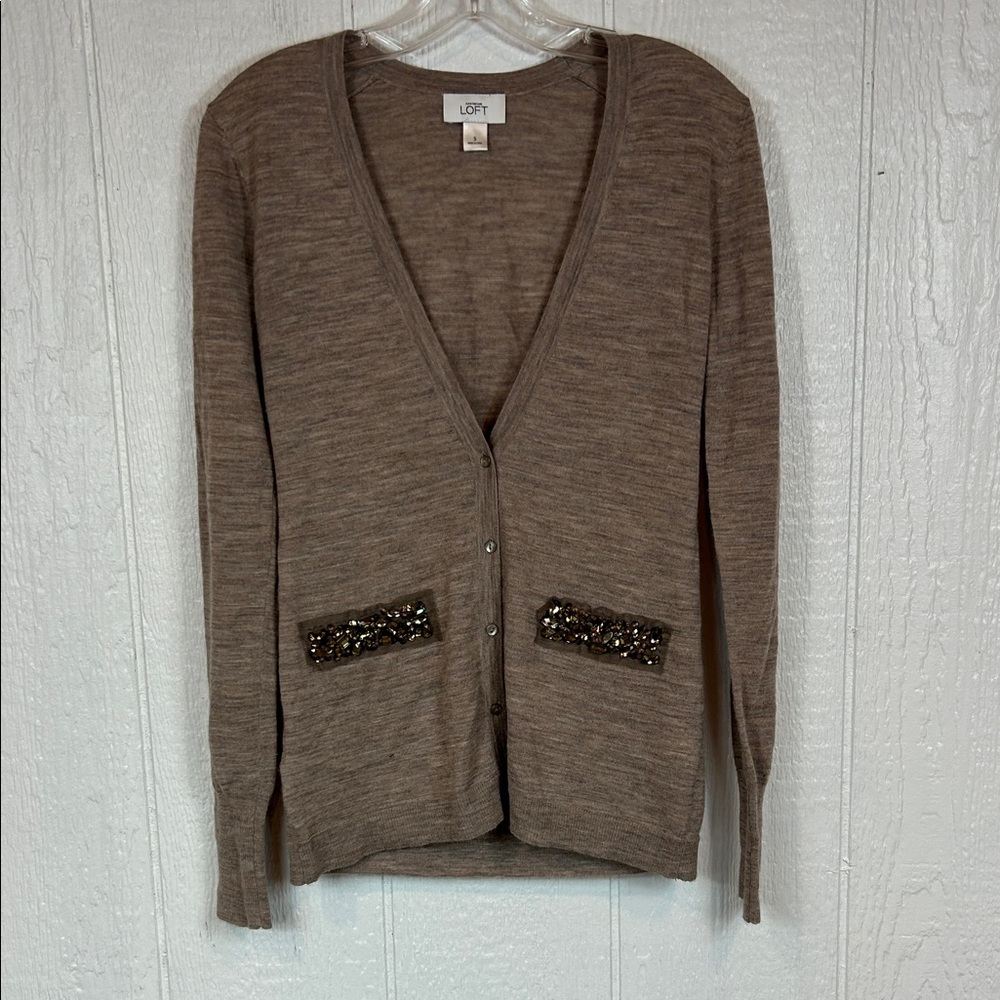LOFT Tan Cardigan with Sequin Details